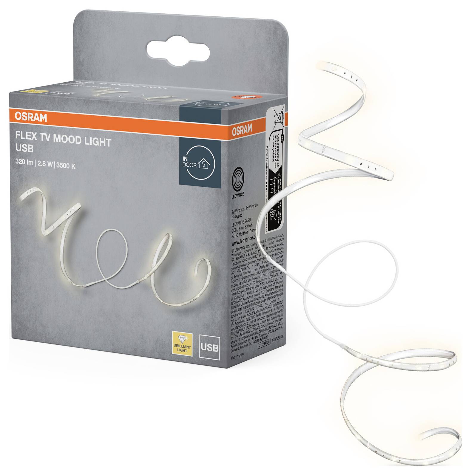 OSRAM Flex TV Mood Light Verpackung mit sichtbarem aufgerolltem LED-Streifen. USB-betrieben, 320 lm, warmweiß, 3500 K. Geeignet für TV-Hintergrundbeleuchtung.