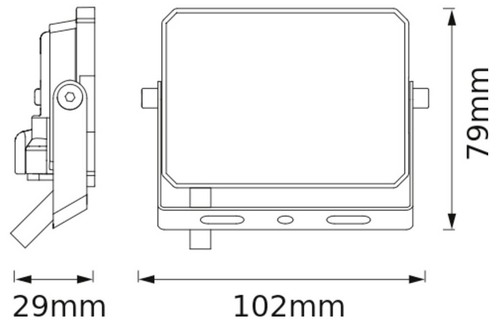 Diagramm eines rechteckigen Geräts mit Seiten- und Frontansicht. Abmessungen: 29 mm Tiefe, 102 mm Breite, 79 mm Höhe.