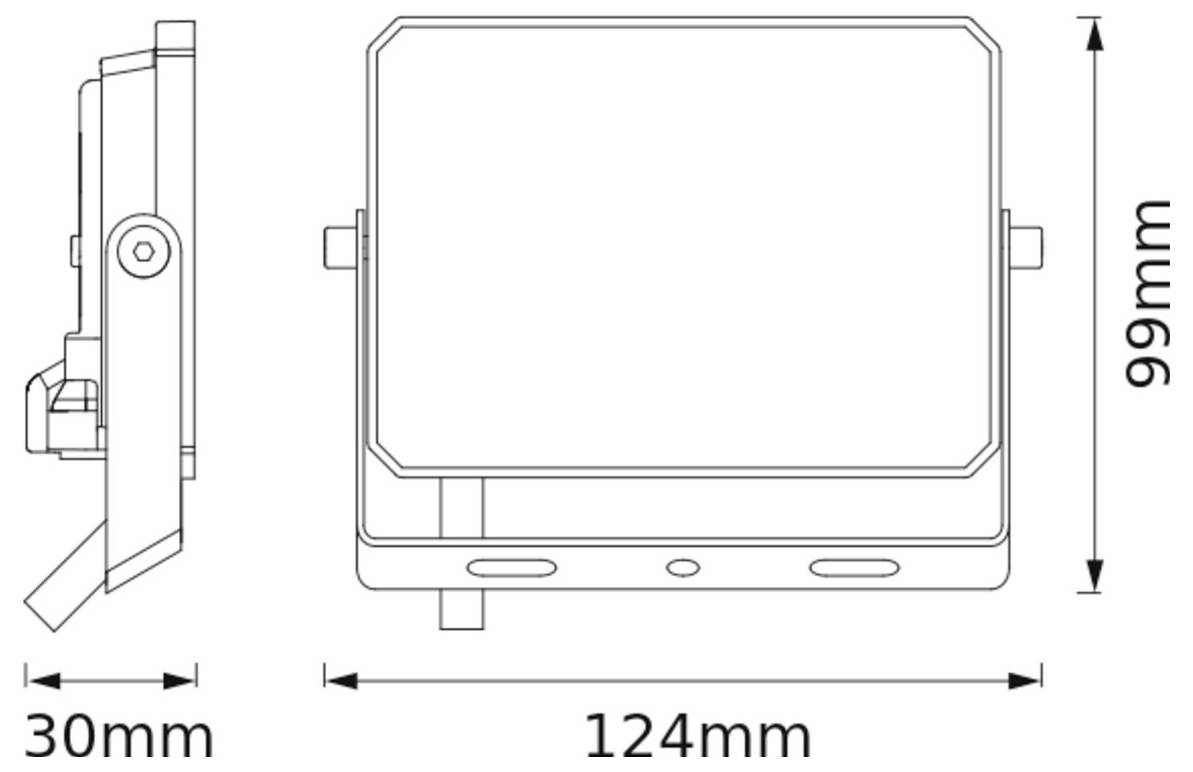Technische Zeichnung einer rechteckigen Leuchte mit Abmessungen: 124 mm Breite, 99 mm Höhe und 30 mm Tiefe.