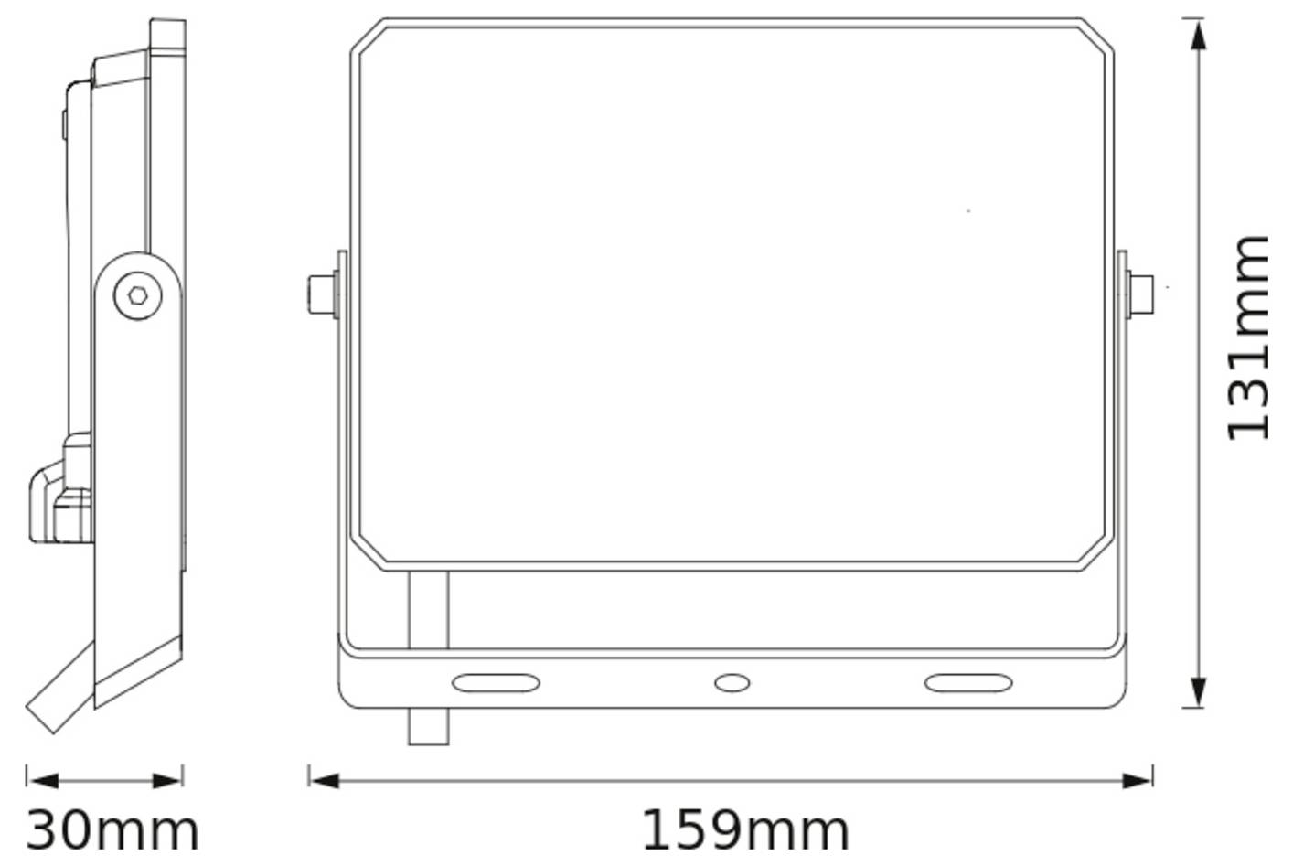 Technische Zeichnung eines rechteckigen Geräts mit Abmessungen: 159 mm breit, 131 mm hoch und 30 mm tief von der Seitenansicht.