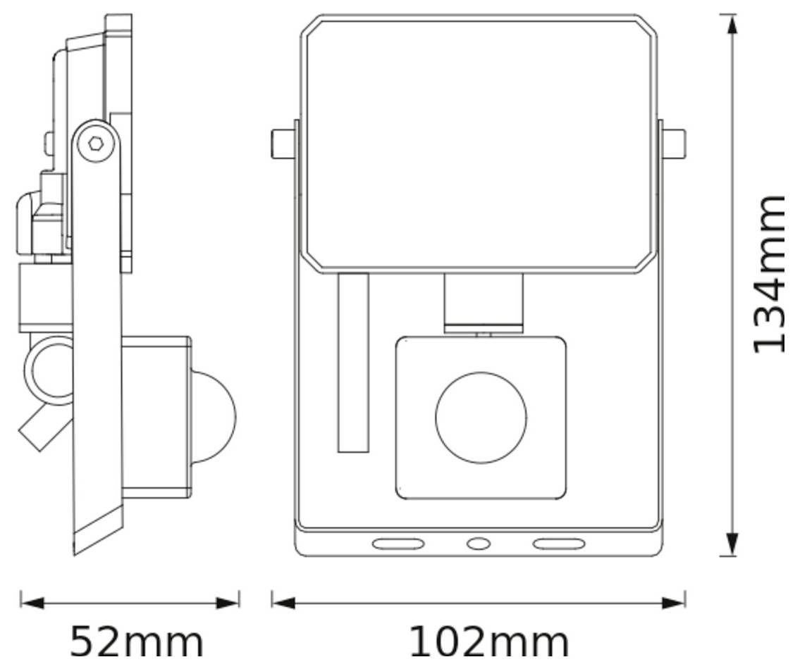 Diagramm eines rechteckigen Geräts mit Abmessungen: Höhe 134 mm, Breite 102 mm und Tiefe 52 mm. Seiten- und Frontansicht dargestellt.