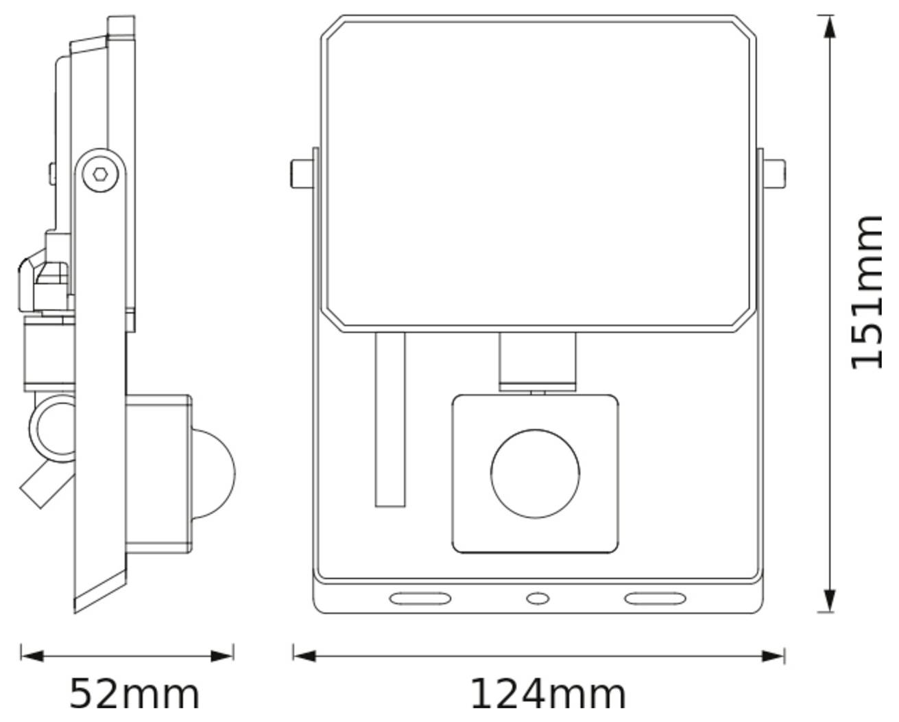 Diagramm, das eine Vorder- und Seitenansicht eines Geräts zeigt. Abmessungen: Höhe 151 mm, Breite 124 mm, Tiefe 52 mm.