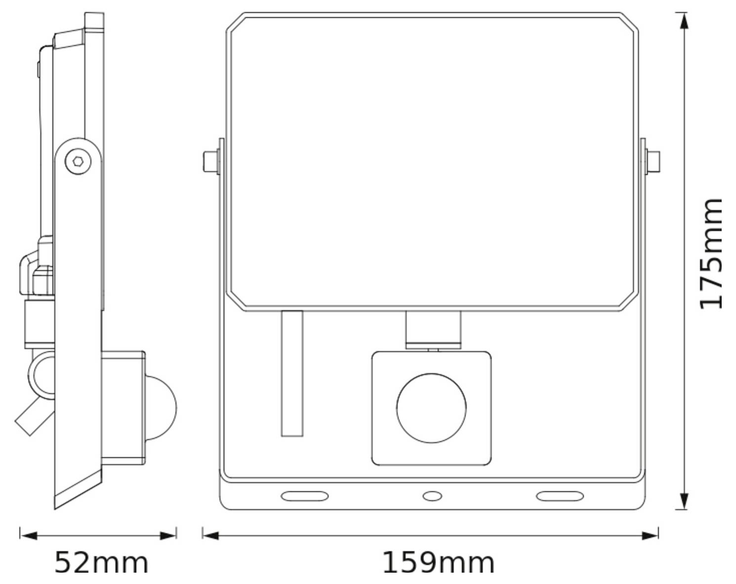 Diagramm einer Leuchte mit Abmessungen: Höhe 175 mm, Breite 159 mm, Tiefe 52 mm. Zeigt Seiten- und Frontansicht mit Halterung und Sensor.