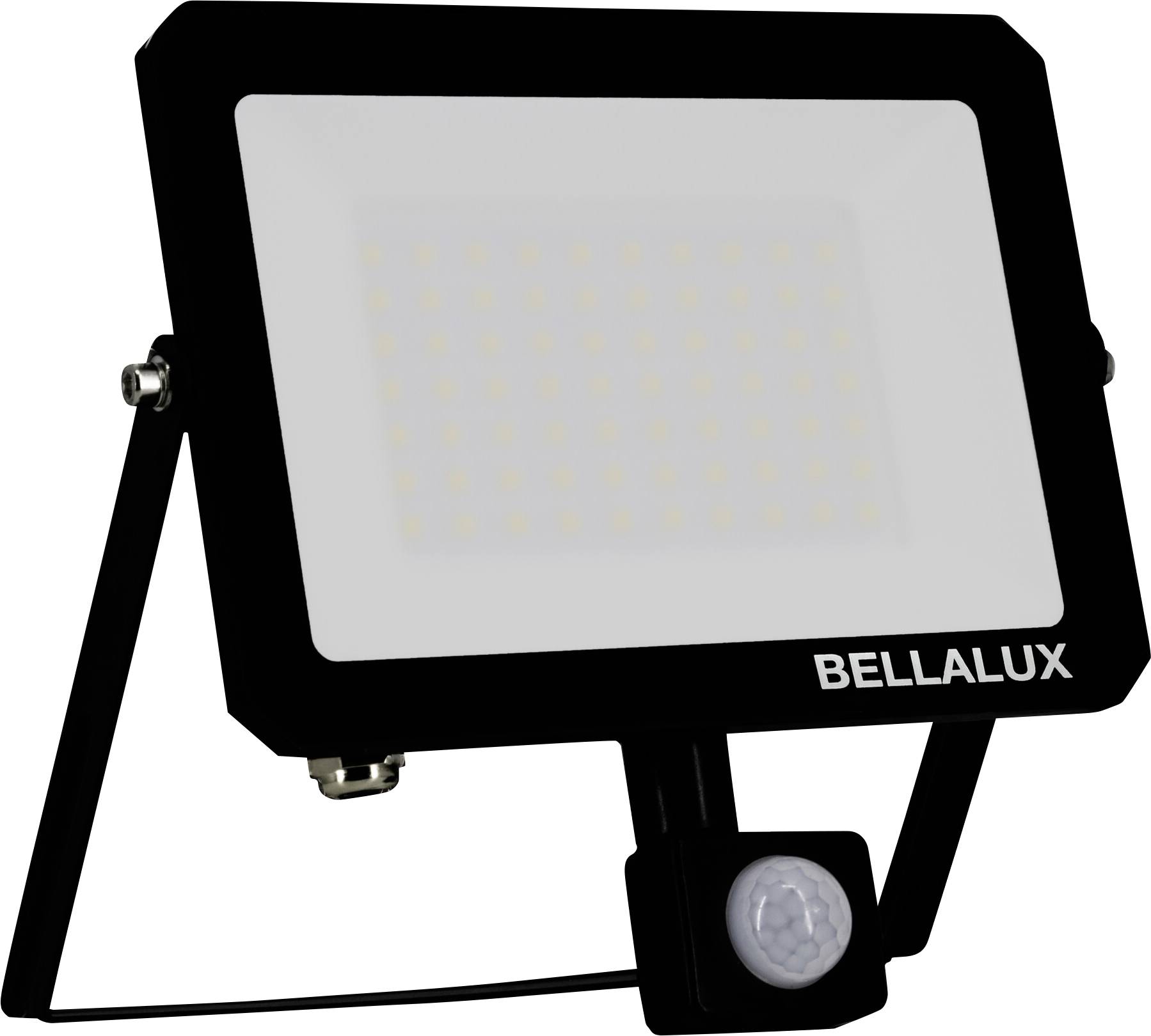 Eine schwarze LED-Flutlichtlampe mit der Aufschrift „BELLALUX