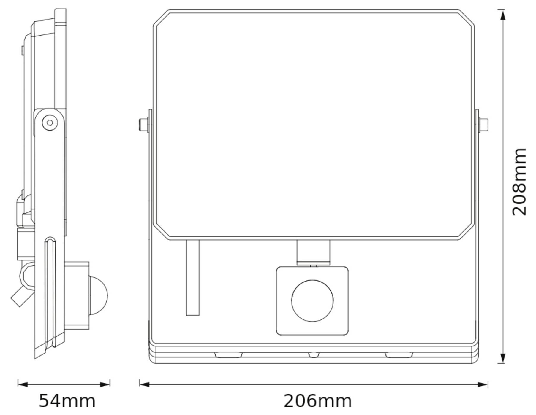 Technische Zeichnung eines rechteckigen Geräts mit Abmessungen: Breite 54 mm, Höhe 208 mm, Tiefe 206 mm. Seiten- und Frontansicht dargestellt.
