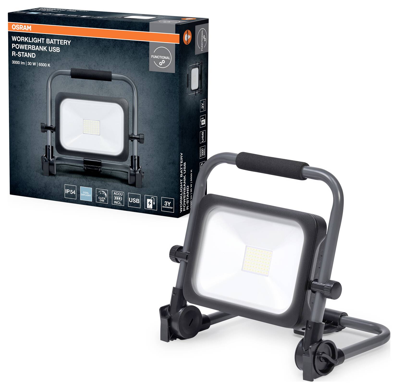Tragbare LED-Arbeitsleuchte mit Griff und verstellbarer Ständerhalterung vor ihrer Verpackung. Die Schachtel zeigt 'Arbeitsleuchte Batterie Powerbank USB R-Ständer'.