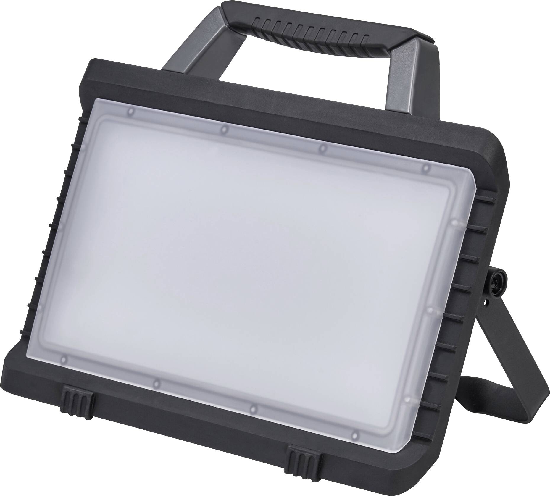 Eine schwarze, tragbare LED-Arbeitsleuchte mit einer rechteckigen Leuchtfläche und einem robusten Griff zum Tragen oder Befestigen. Ideal für den Einsatz im Freien.