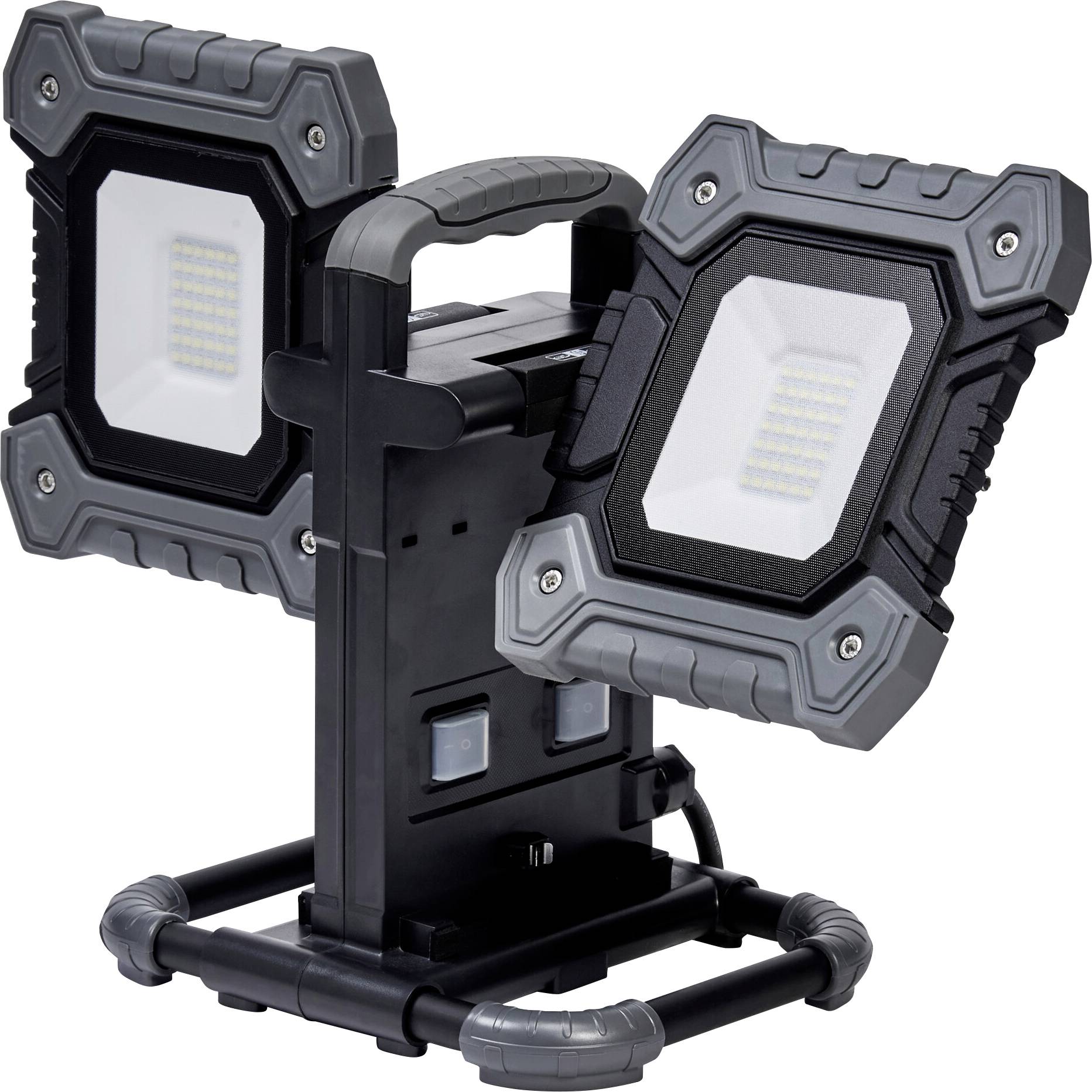 Eine zweiköpfige, verstellbare LED-Arbeitsleuchte mit robustem Gestell, ausgestattet mit einem Griff oben, geeignet zur Ausleuchtung von Arbeitsbereichs.