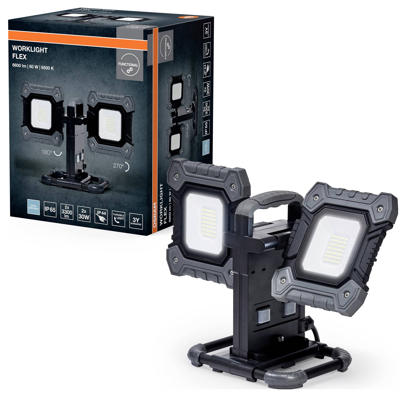 Tragbare Arbeitsleuchte mit zwei verstellbaren LED-Panels, dargestellt mit ihrer Verpackung. Die Panels können um 180° und 270° gedreht werden für flexible Beleuchtung.