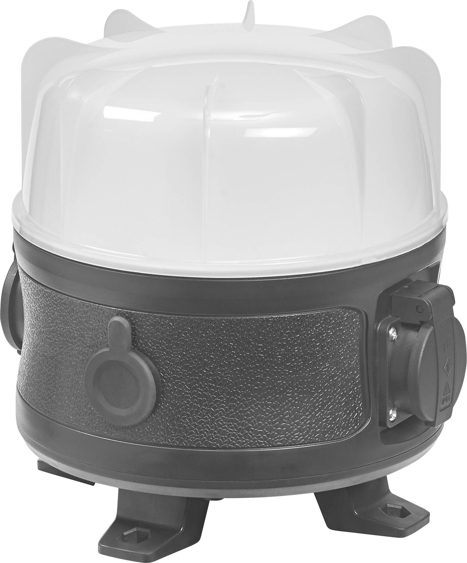 Ein schwarzer und weißer Plastik-Verteilerkasten mit Drehschalter, mehreren Steckdosen und einem Überspannungsschutz-Schalter, auf Füßen für zusätzliche Stabilität erhöht.