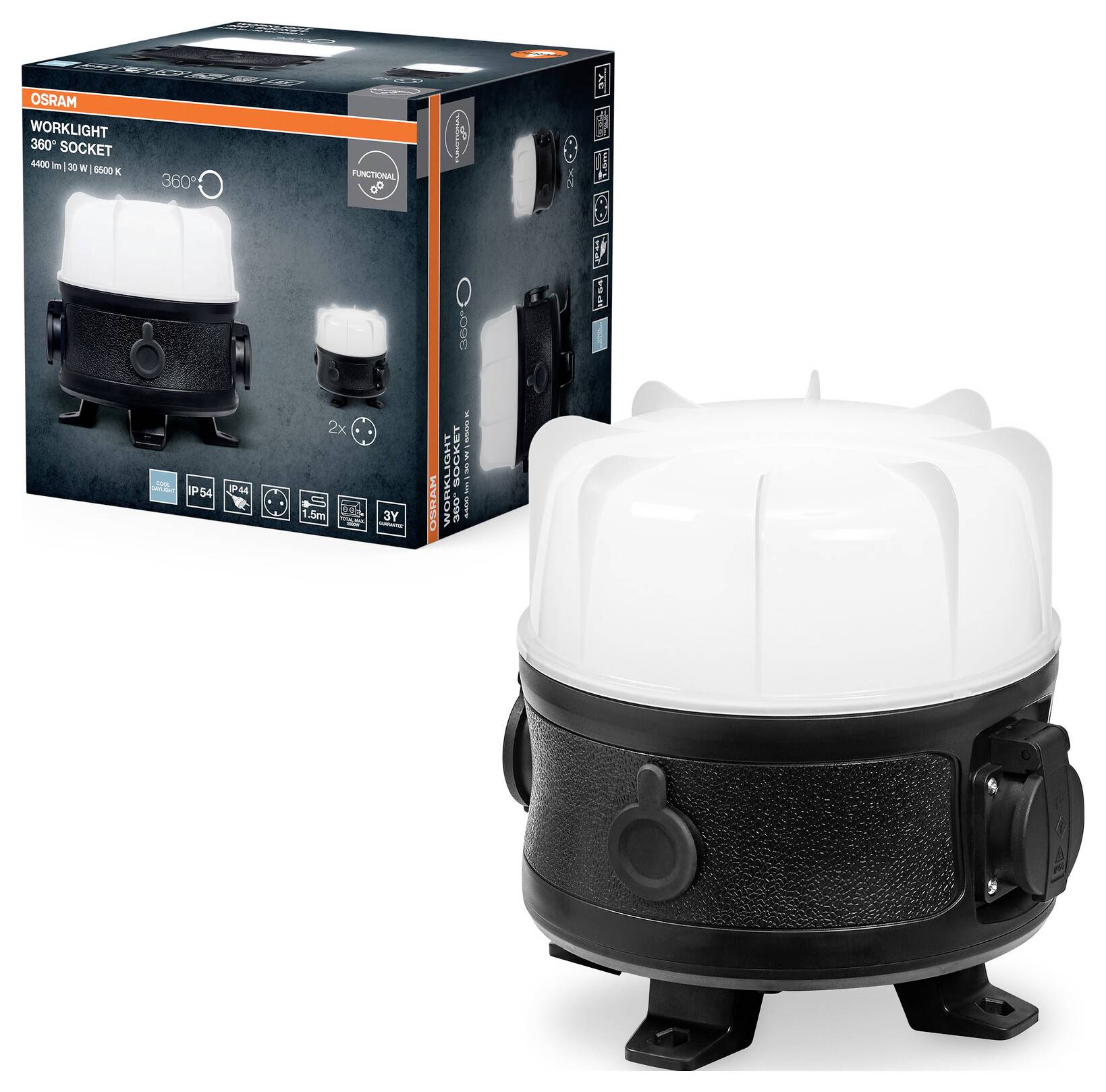 Ein 360°-Arbeitsscheinwerfer von OSRAM, mit kompaktem Design und schwarzer Basis sowie weißer Kuppel. Die Produktverpackung zeigt Spezifikationen und Funktionen.
