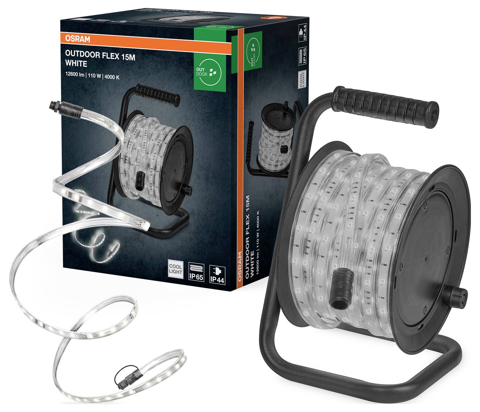 Ein Produktbild einer Osram Outdoor Flex 15M White LED-Lichtleiste auf einer Rolle mit Verpackungskarton. Geeignet für den Außeneinsatz, 15 Meter lang.
