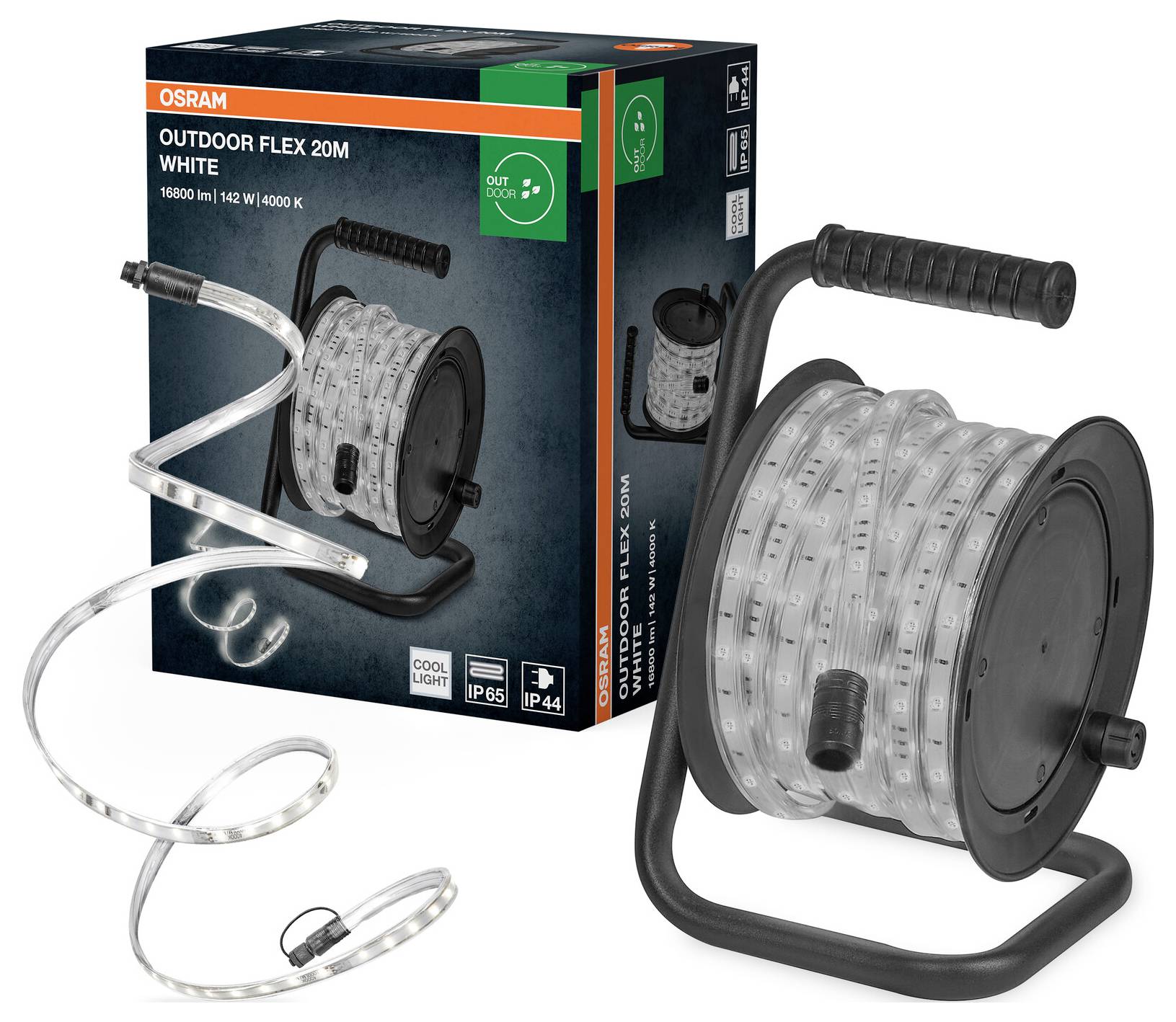 Karton und aufgewickelte Rolle von Osram Outdoor Flex 20m weißen LED-Leuchten; 14.900 lm, 4000 K, kaltweißes Licht, IP65/IP44, mit Griff und flexiblem Streifen.