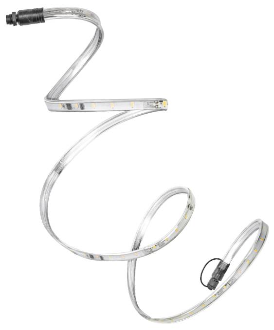 Ein aufgerollter LED-Streifenlichter mit sichtbaren Glühbirnen und schwarzen Steckverbindungen an beiden Enden, die seine Flexibilität und das Design für vielseitige Beleuchtung zeigen.