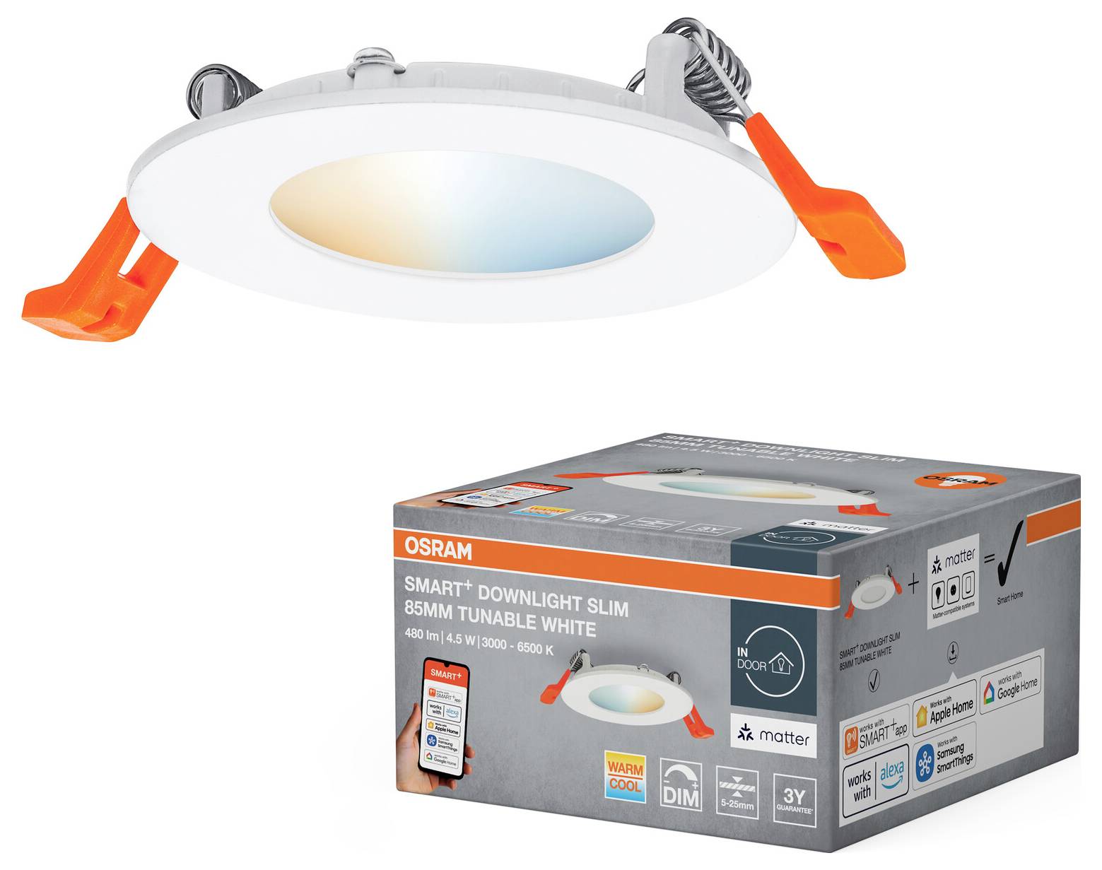 OSRAM Smart+ Downlight Slim, 85mm, einstellbar weiß. Funktionen umfassen Dimmen, App-Steuerungskompatibilität, 3 Jahre Garantie, 400 Lumen.