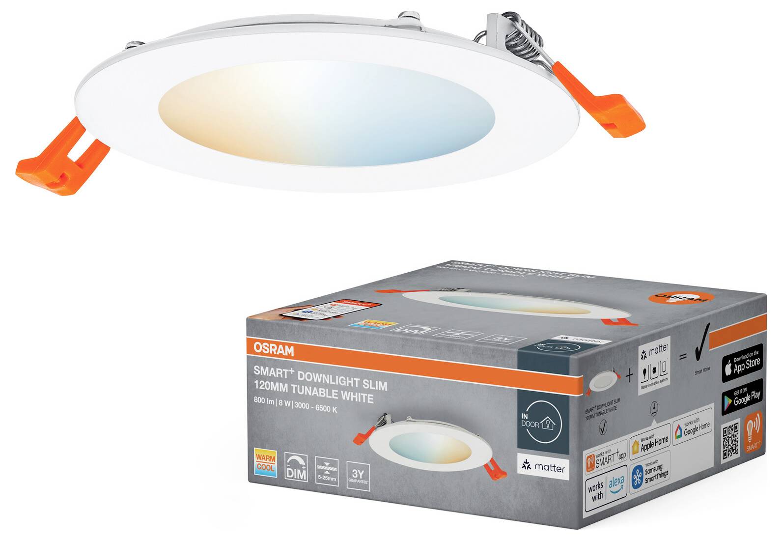 Eine runde, intelligente LED-Downlight mit abstimmbarem Weißlicht, die über ihrer Verpackung präsentiert wird. Die Verpackung hebt Merkmale wie die 120-mm-Größe und Matter-Kompatibilität hervor.