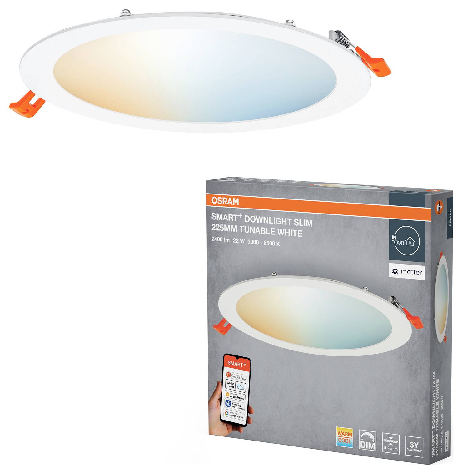 Zirkuläre Smart-Downlight mit abstimmbarem weißem Licht, präsentiert mit seiner Verpackung. Die Schachtel hebt die App-Steuerung und Kompatibilität mit Smart-Home-Systemen hervor.