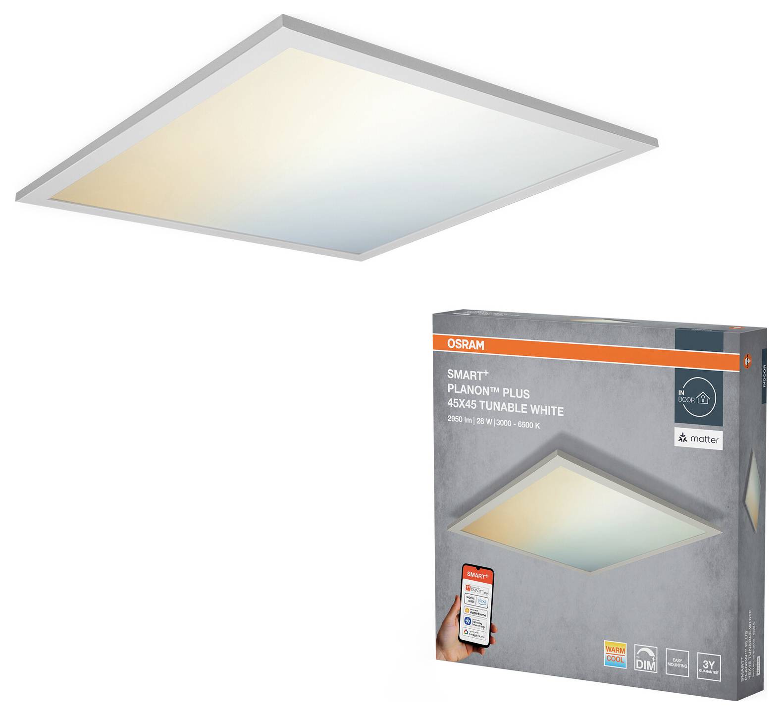 Ein quadratisches LED-Paneel-Licht mit einstellbaren Weißtönen neben seiner Verpackung. ‚Smart+ Planon Plus' ermöglicht Smartphone-Steuerung.