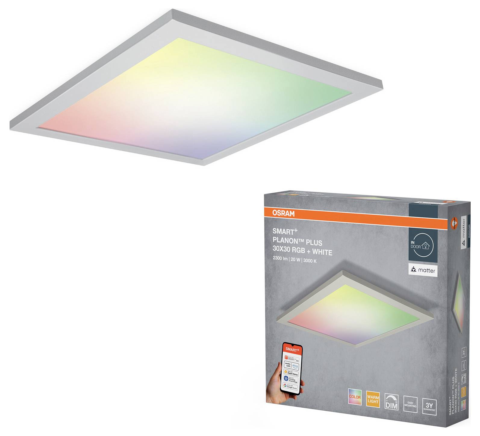 Quadratische LED-Deckenleuchte, die mehrfarbiges Licht ausstrahlt, neben ihrer Verpackung präsentiert. Die Verpackung zeigt Markenbeschriftung und die Funktion der App-Steuerung.