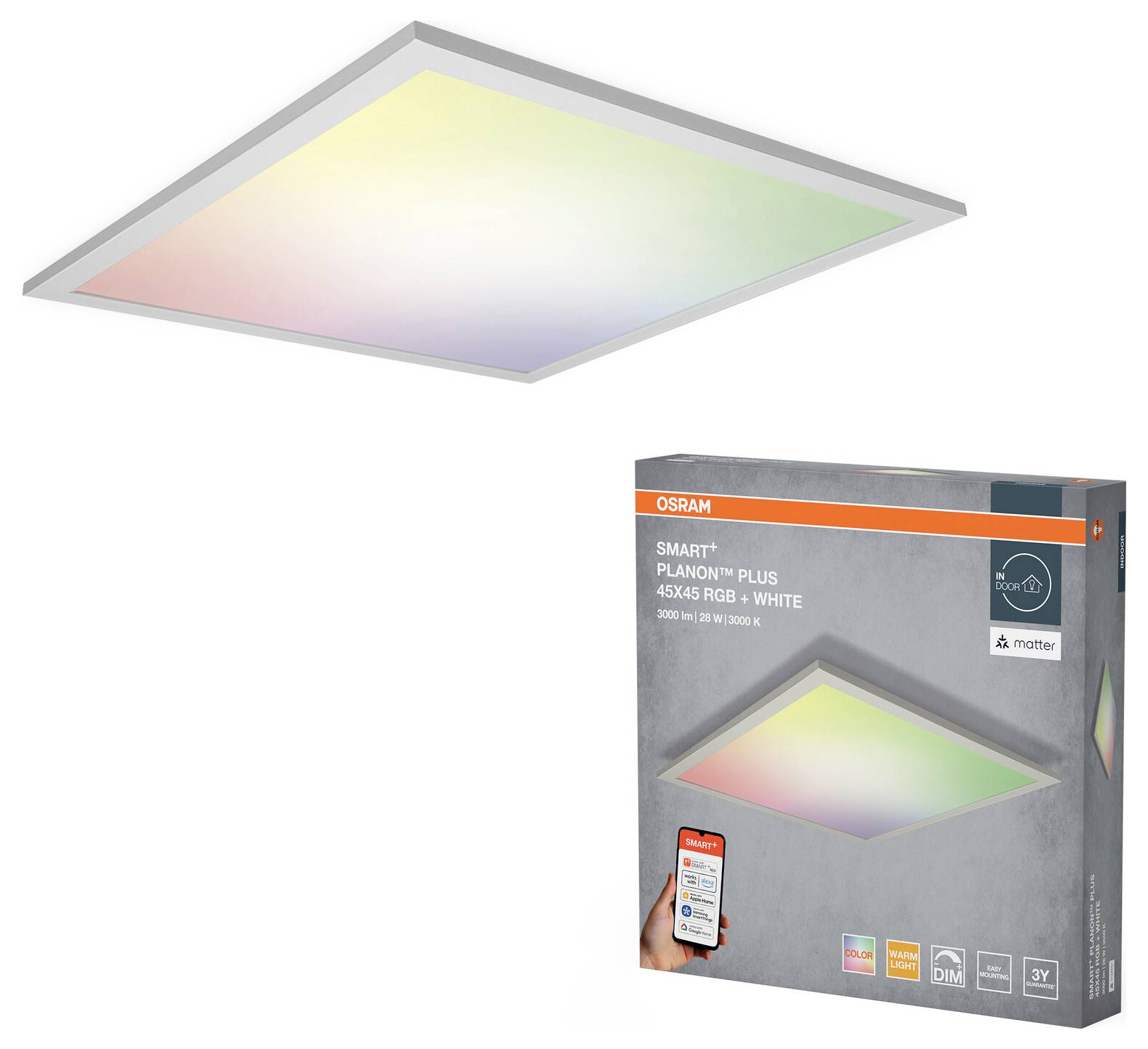 Intelligente Deckenleuchte von OSRAM mit App-gesteuerter Farbeinstellungsfunktion. Verpackung hebt Konnektivität und Garantieinformationen hervor.