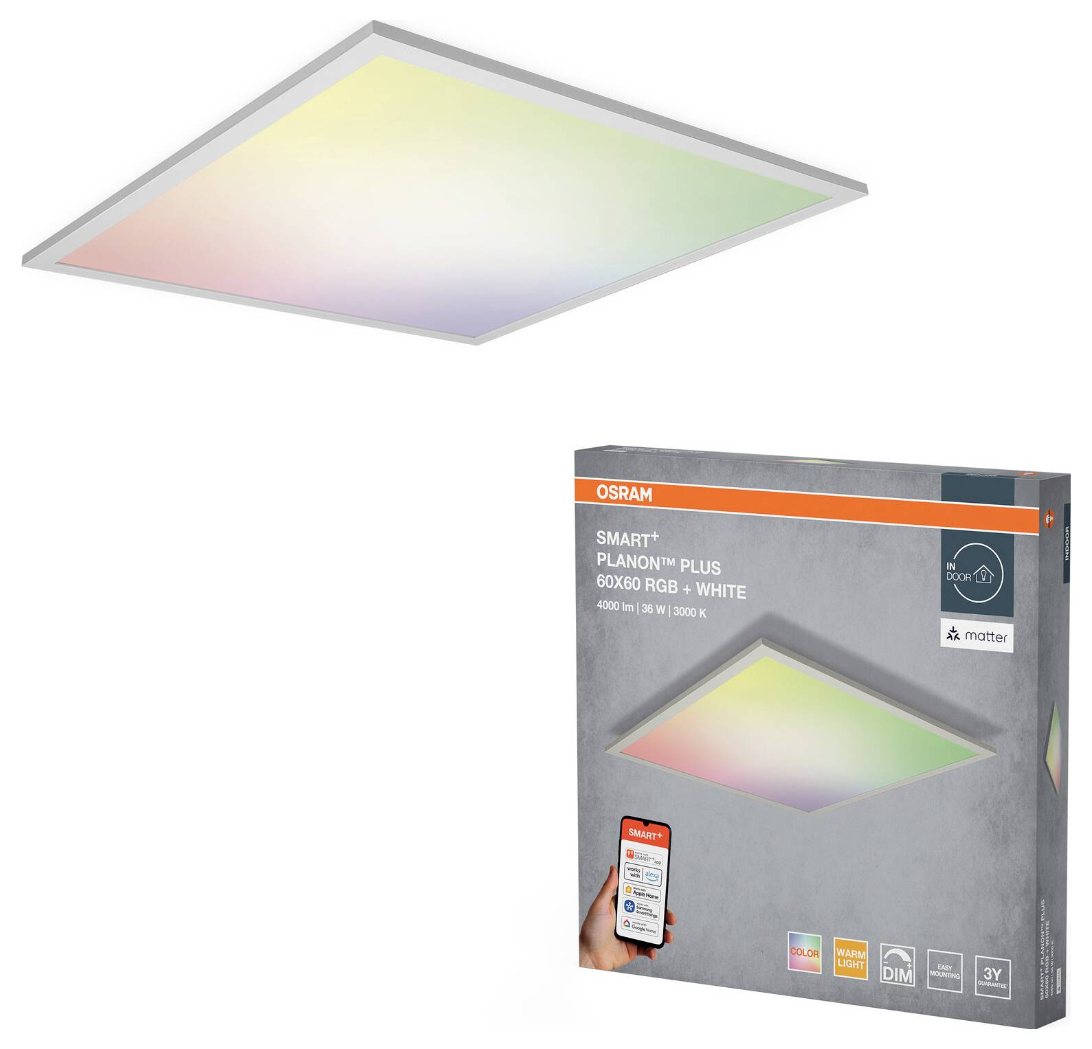 LED-Deckenplatte und deren Verpackung mit 'Smart+ Planon', ausgestattet mit RGB- und Weißlicht, kompatibel mit Smart-Home-Systemen, per App steuerbar.