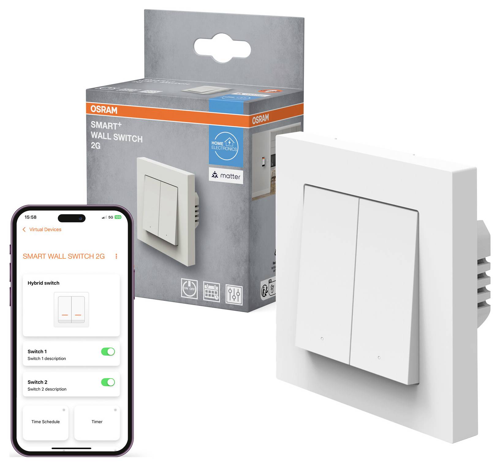 Intelligenter Wandschalter und Verpackung neben einem Smartphone, das die Schaltersteuerungen zeigt und die Konnektivität und Smart-Home-Integration veranschaulicht.