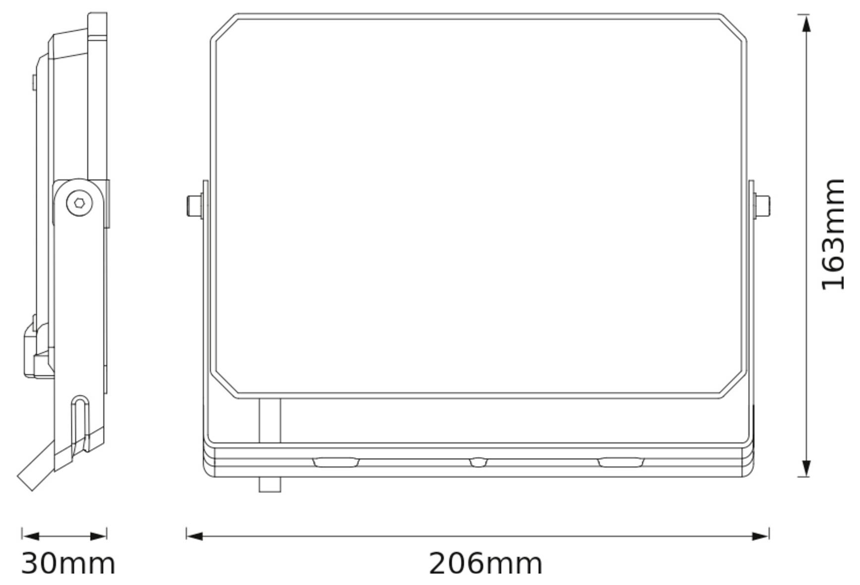 Technische Zeichnung eines rechteckigen Geräts. Abmessungen: 163 mm Höhe, 206 mm Breite, 30 mm Tiefe. Seiten- und Frontansicht.