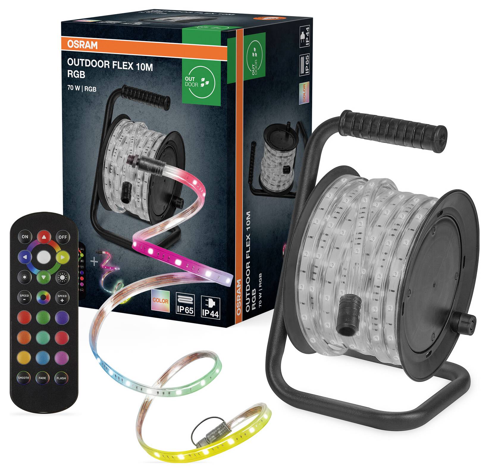 'Osram Outdoor Flex 10M RGB' Lichtstreifen auf einer Rolle mit Fernbedienung, Verpackung gezeigt, wobei die Vielseitigkeit für Außenbeleuchtung hervorgehoben wird.