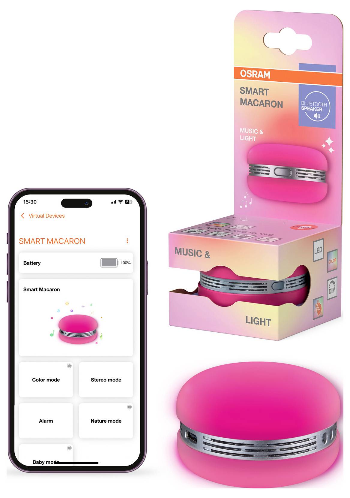 Smarter Macaron-Lautsprecher in Rosa, präsentiert neben seiner Verpackung. Smartphonebildschirm zeigt die 'Smart Macaron'-Oberfläche mit Optionen wie Farbmodus und Stereomodus.