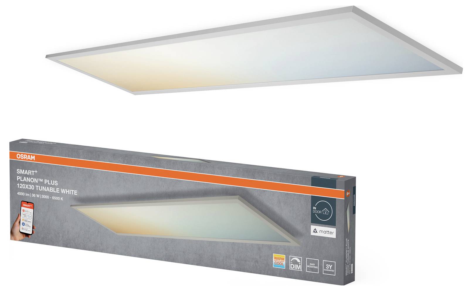 OSRAM Smart+ Planon Plus 120x30 Tunable White Rechteckige LED-Lichtpaneel neben seiner Verpackungsbox.