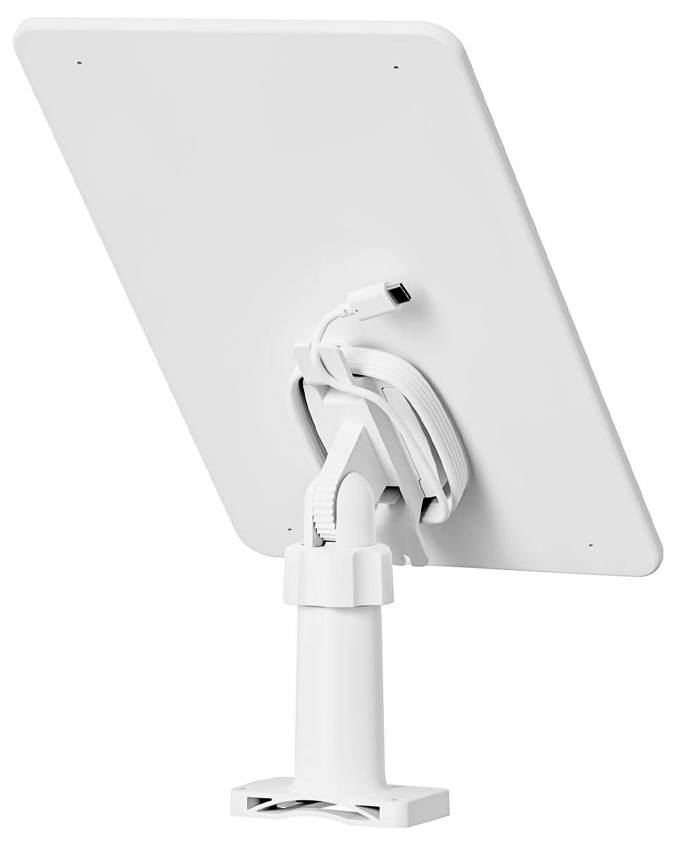 Weißes Satellitendish mit einem Ständer, von hinten betrachtet, mit angeschlossenen Kabeln und elegantem Design.