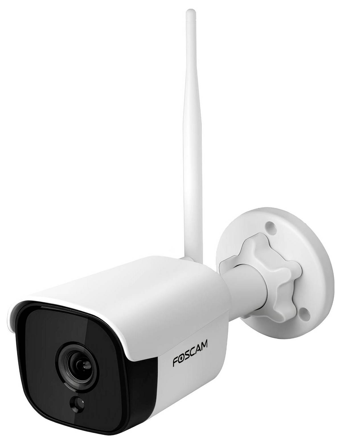 Sicherheitskamera mit Antenne auf einem Halterungsbracket montiert, mit der Bezeichnung 'Foscam', für Außenüberwachung konzipiert.