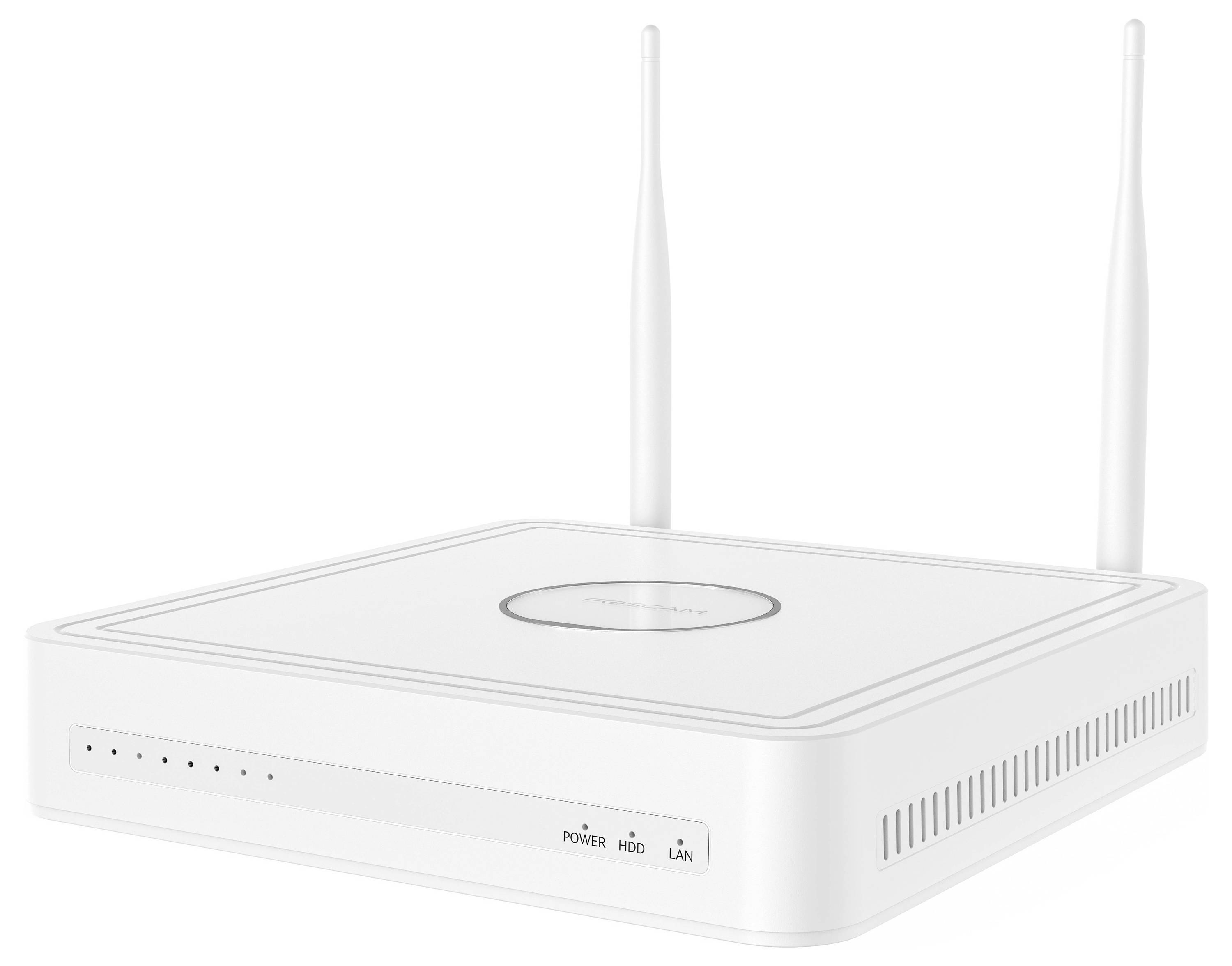 Weißer drahtloser Router mit zwei Antennen und LED-Anzeigen auf der Frontplatte für Stromversorgung, Festplatte und LAN-Status.