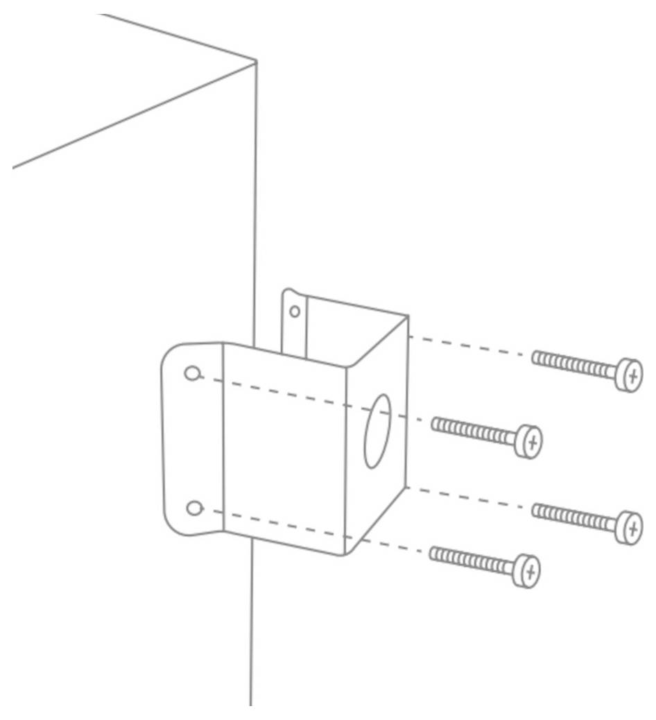 Diagramm, das eine Halterung zeigt, die mit vier Schrauben an einer Wand befestigt wird.