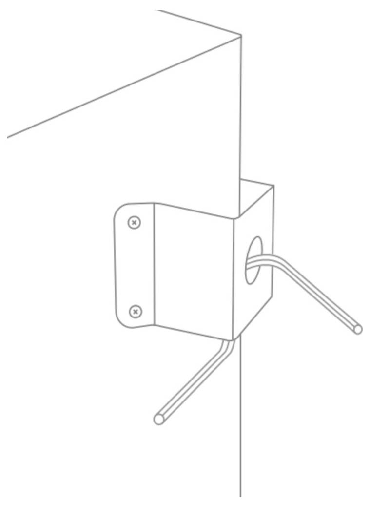 Eine Skizze einer wandmontierten Halterung mit zwei horizontal hervorstehenden Haken, die entwickelt wurde, um Gegenstände sicher zu stützen oder aufzuhängen.