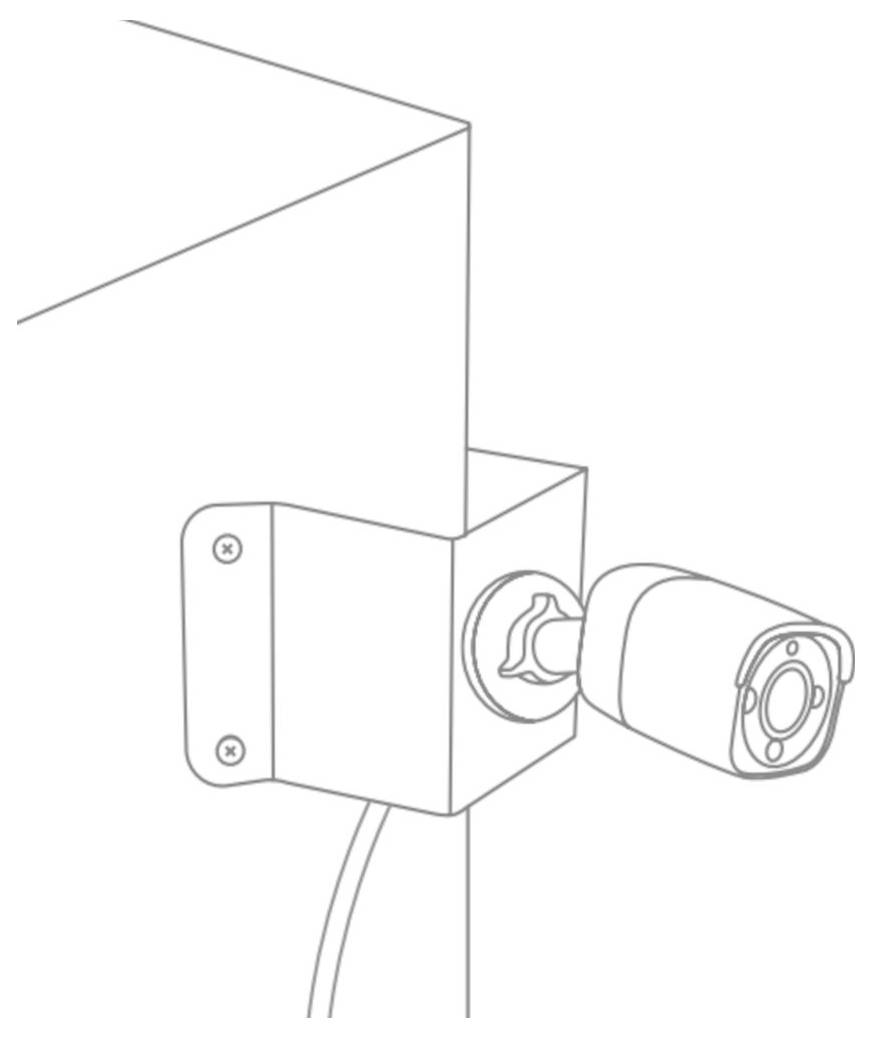 Linienzeichnung einer Sicherheitskamera, die an einer Wand montiert ist.