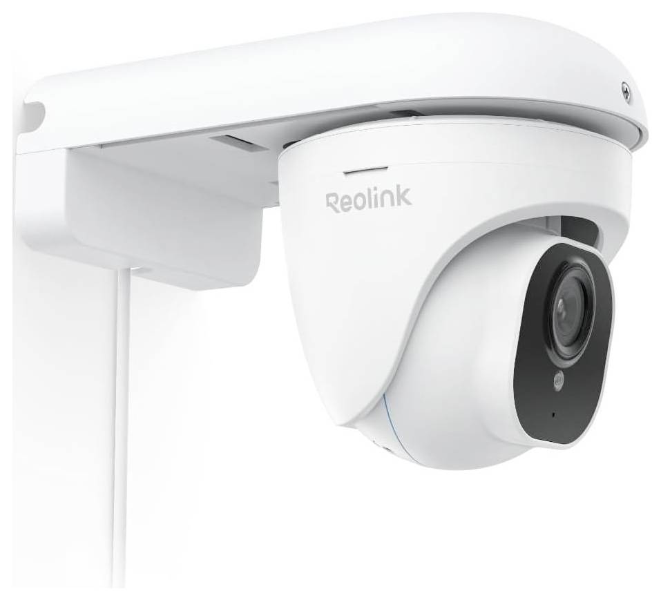 Eine weiße Reolink-Sicherheitskamera ist an einer Wand montiert und für Überwachungszwecke konzipiert.