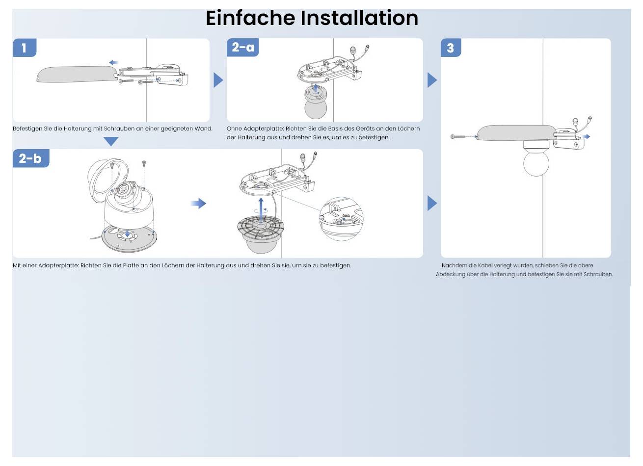 'Einfach Installation' zeigt eine Anleitung in drei Schritten: Halterung montieren, Basis verbinden, und Gerät befestigen.