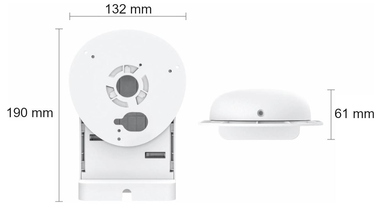 Bild eines runden elektronischen Geräts mit Abmessungen: Höhe 190 mm, Breite 132 mm, Tiefe 61 mm, dargestellt aus Vorder- und Seitenansicht.