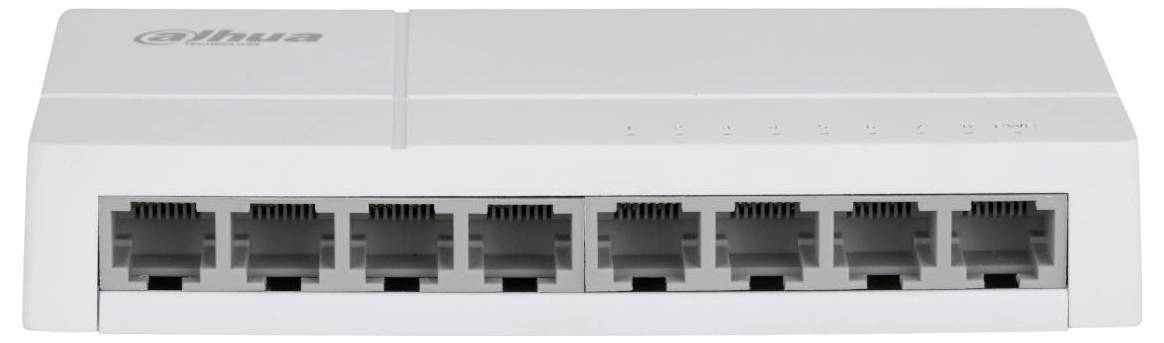 Ein weißer Netzwerk-Switch mit acht Ethernet-Anschlüssen, der zum Verbinden mehrerer Geräte in einem Heim- oder Büronetzwerk entwickelt wurde.