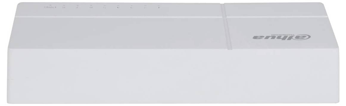 Ein weißes elektronisches Gerät, das einem Netzwerkswitch ähnelt, mit einigen Anzeigelichtern und einem Logo auf der Oberseite.