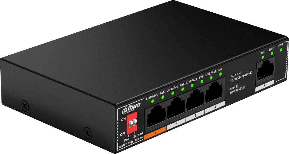 Ein schwarzer Netzwerk-Switch mit vier Ethernet-Ports, LED-Anzeigen für Aktivität und Netzschalter; seitlich mit der Aufschrift 