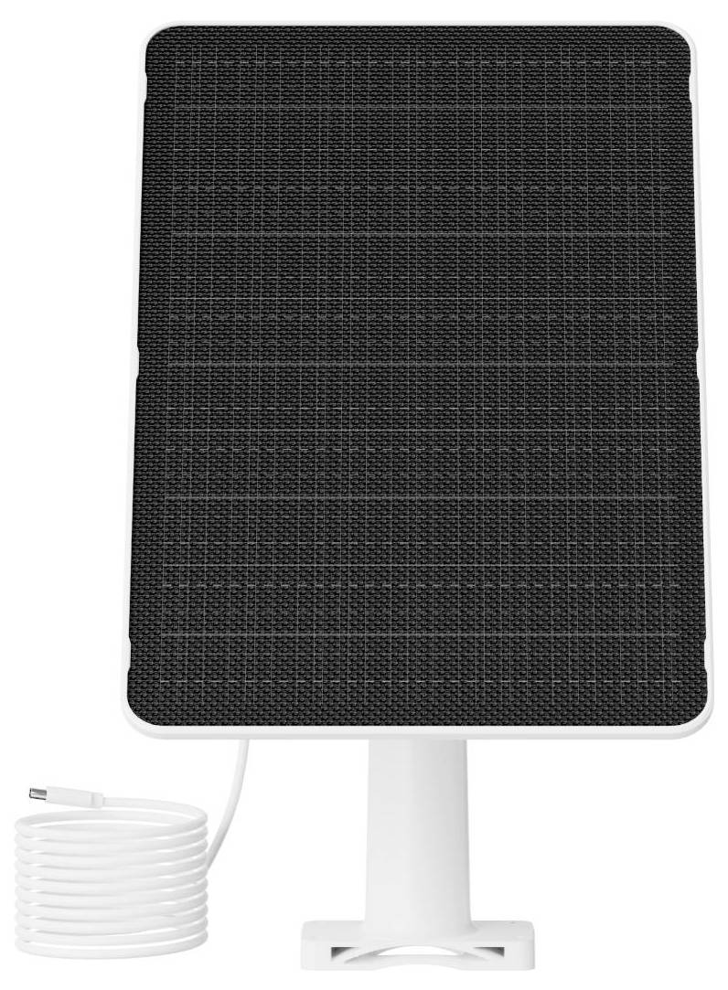 Ein schwarzes Solarpanel mit einem weißen Ständer und aufgerolltem Ladekabel, entwickelt zum Aufladen elektronischer Geräte mittels Solarenergie.