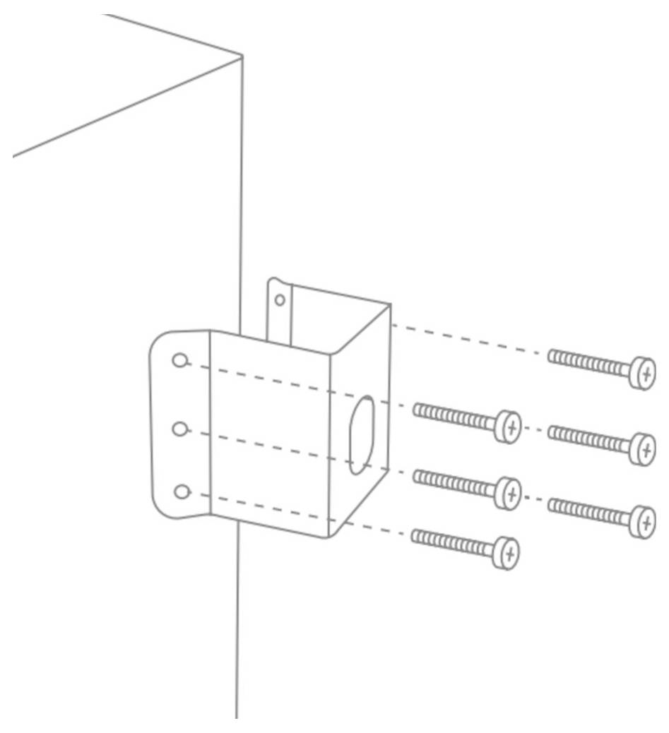 Darstellung einer Seitenansicht einer Metallhalterung, die mit drei Schrauben an einer Wand befestigt wird, die die Ausrichtung für die Installation zeigt.