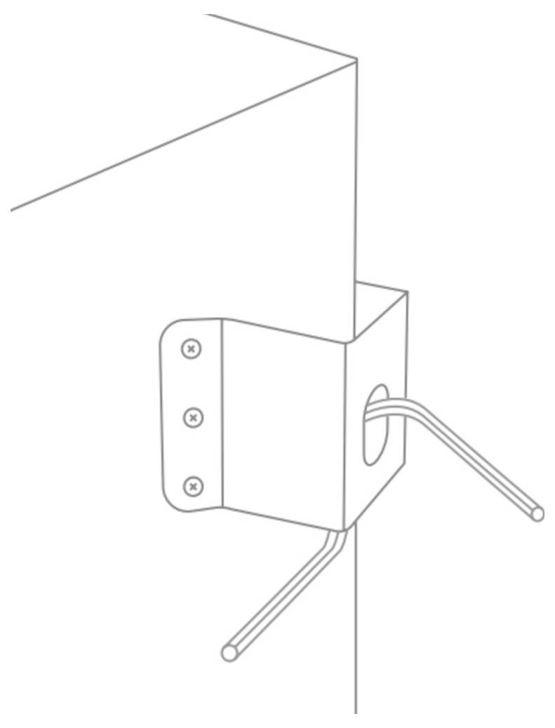Eine Linienzeichnung einer Winkelhalterung, die an einer Wand befestigt ist, mit zwei hervorstehenden Metallstangen an ihrer Seite.