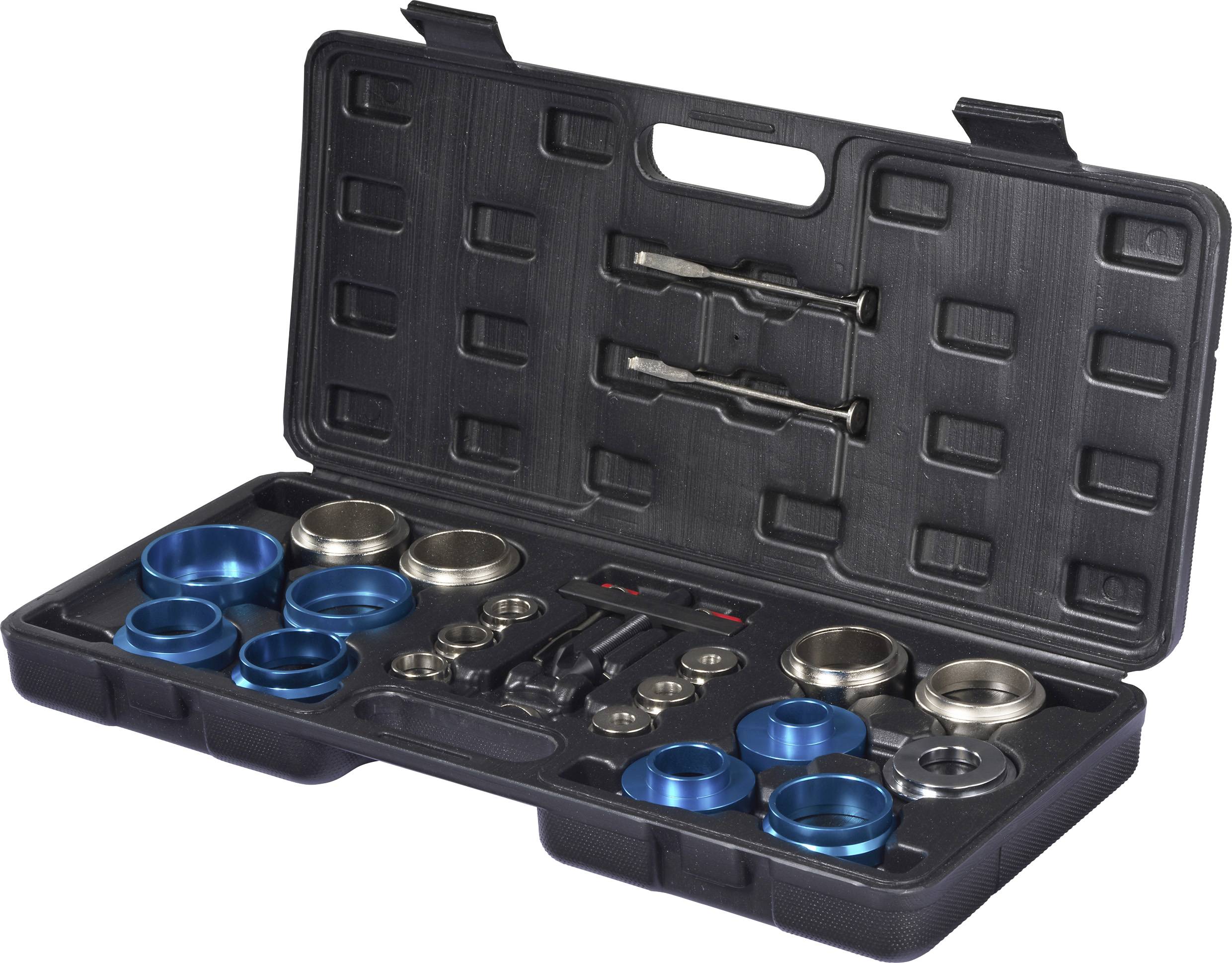 Ein schwarzer Kunststoffkoffer mit verschiedenen metallischen und blauen Autowerkzeugen, die ordentlich in einzelnen Steckplätzen organisiert sind.