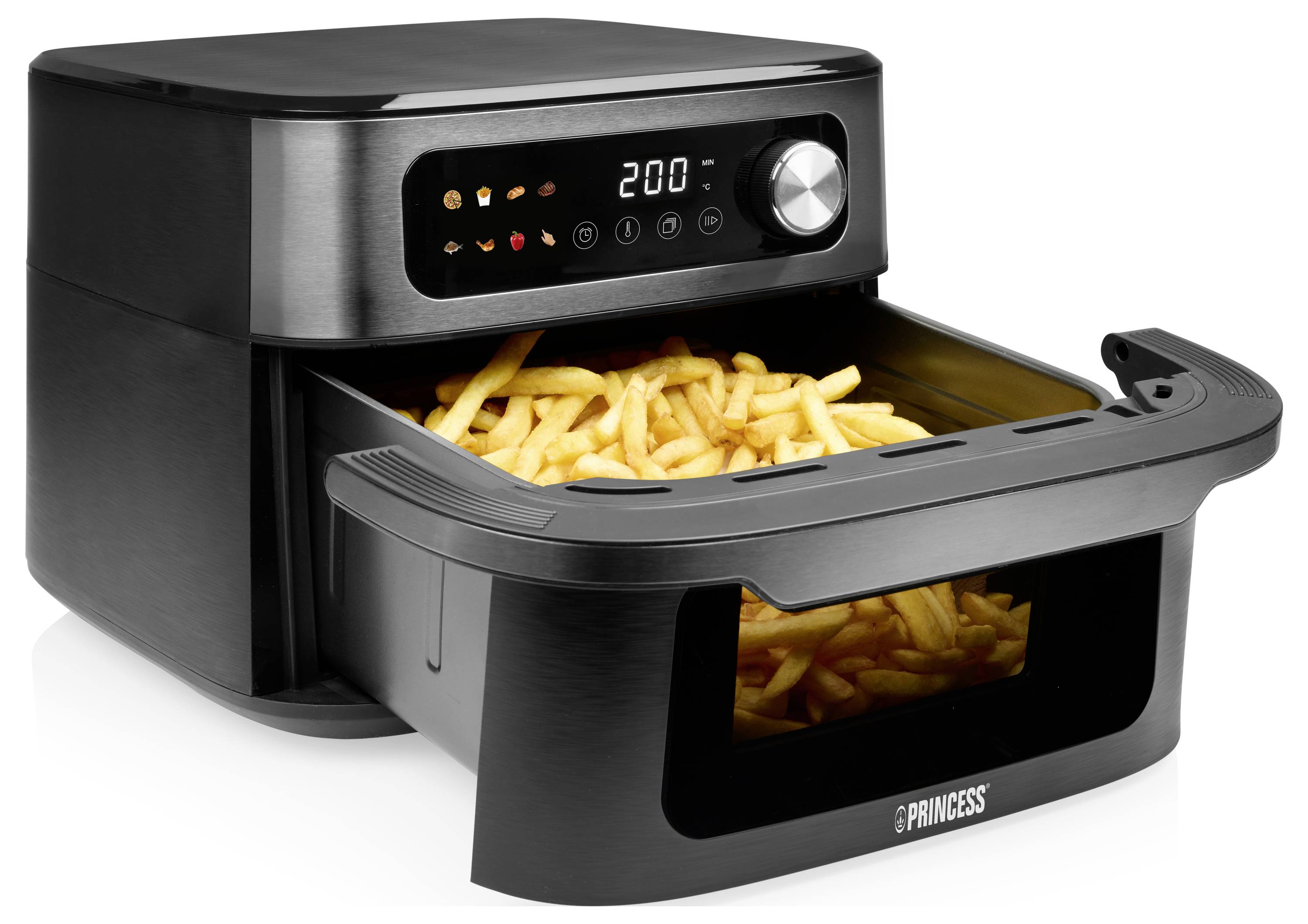 Ein Heißluftfritteuse mit digitaler Anzeige von 200°C, gefüllt mit goldbraunen Pommes frites, bereit zum Kochen.