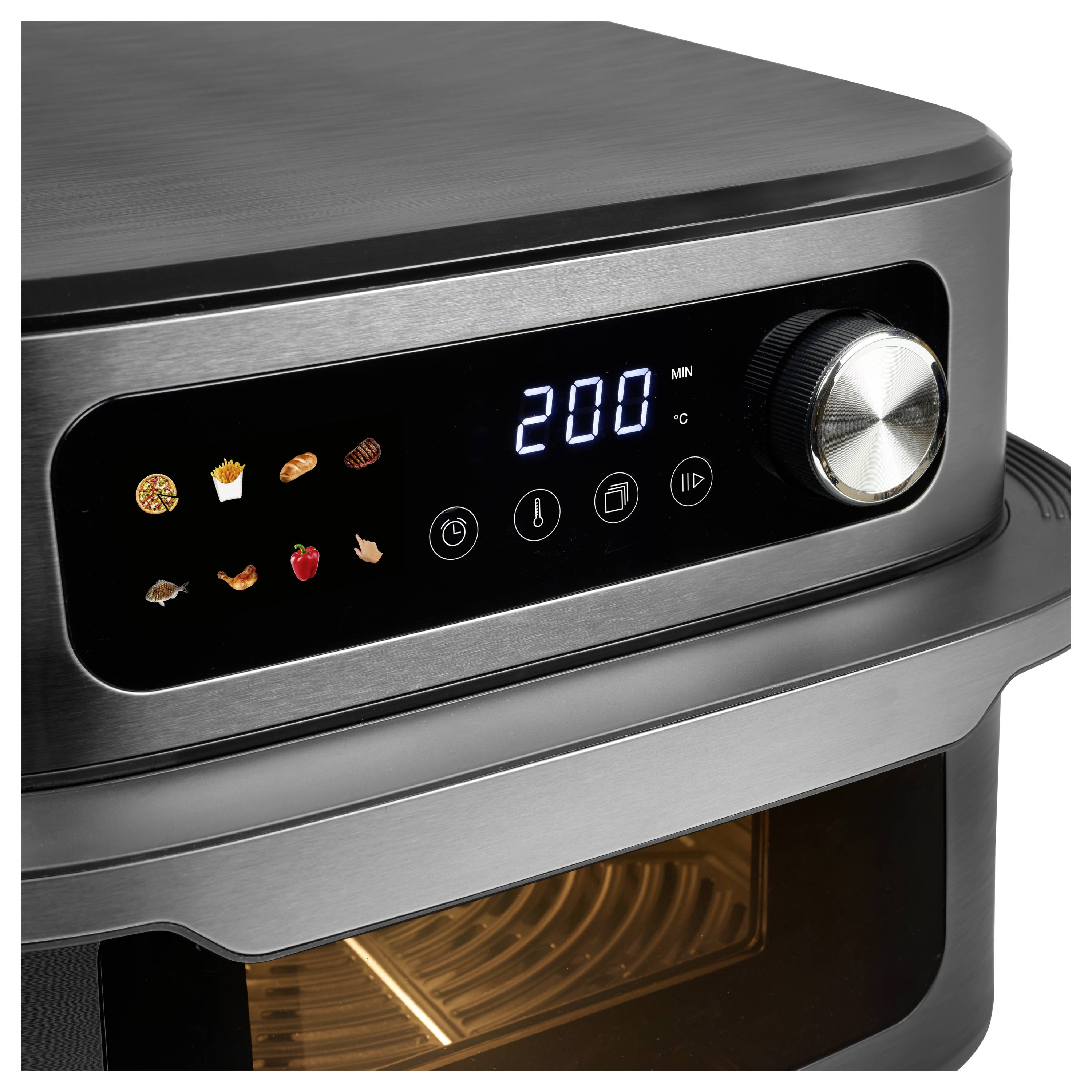 Digitale Heißluftfritteuse mit einem Display, das 200 Minuten anzeigt, Icons für voreingestellte Programme wie Pommes und Hähnchen und einem Temperaturregler-Drehknopf.