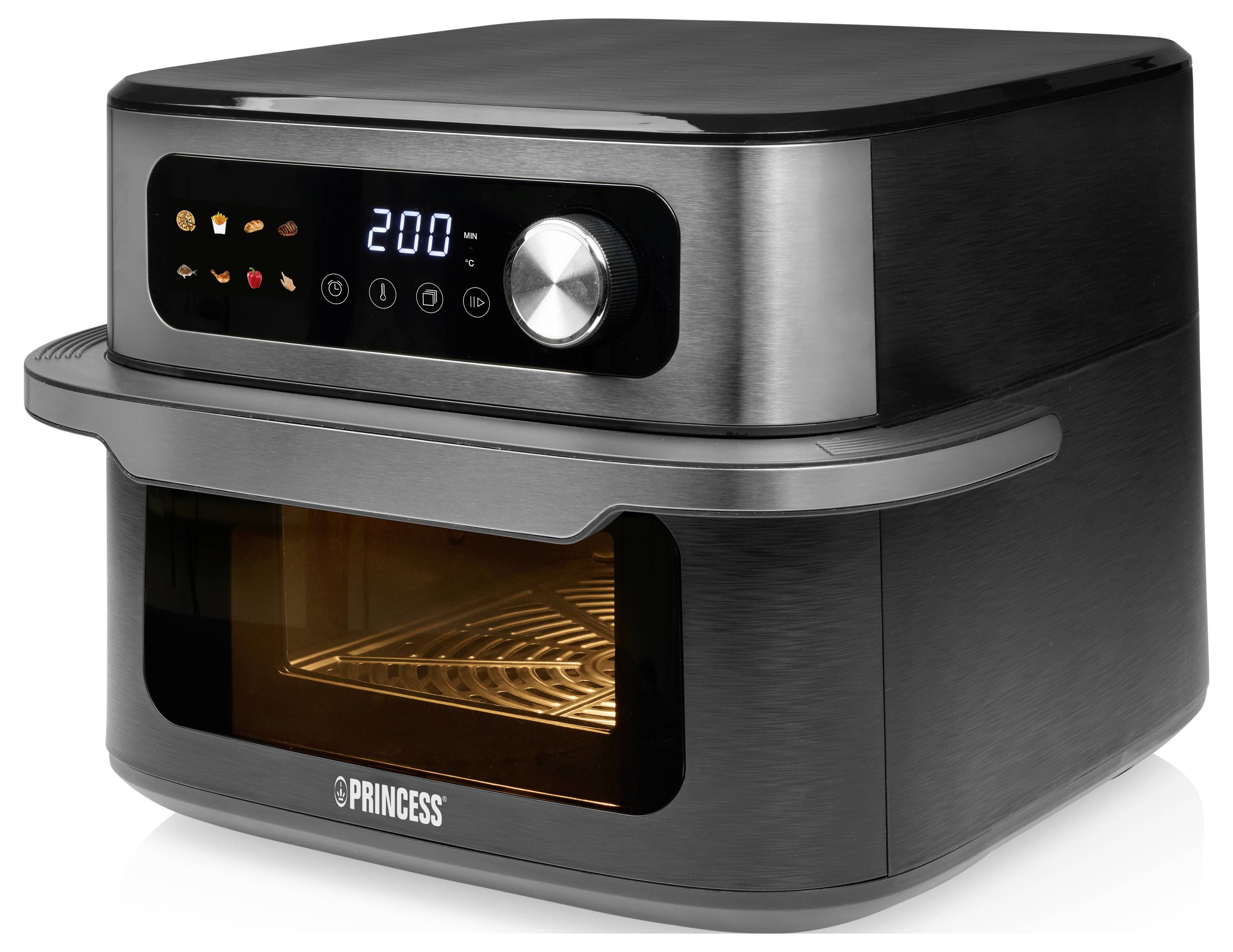 Ein schwarzer elektrischer Heißluftfritteur mit digitalen Bedienungselementen, auf denen '200' als Temperatur angezeigt wird. Der Markenname ist am unteren vorderen Bereich sichtbar.