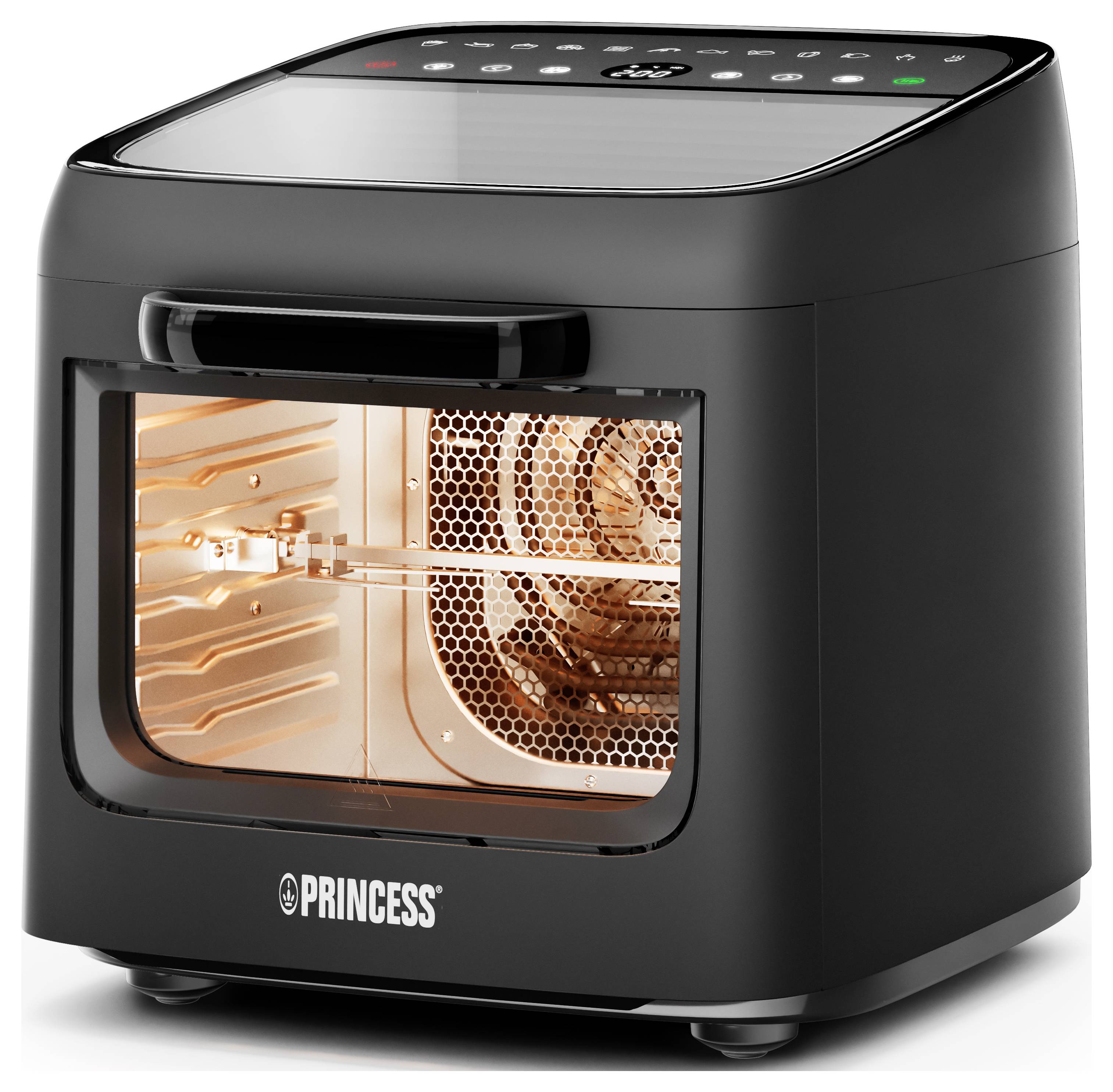 Ein schwarzer Heißluftfritteuse-Ofen mit einer transparenten Tür, die einen rotierenden Drehspieß im Inneren zeigt. Das Bedienfeld ist auf der Oberseite sichtbar.
